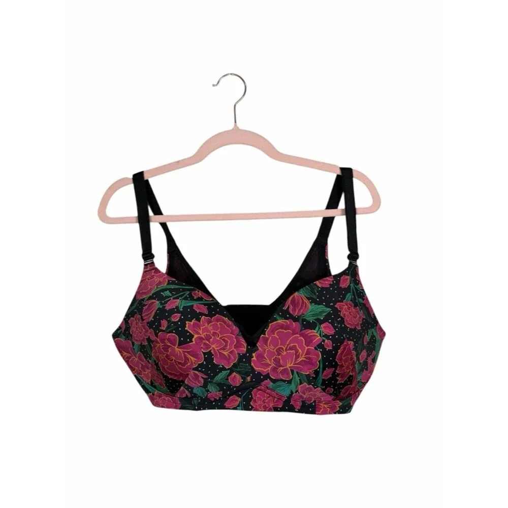 Torrid 40DDD Floral T-Shirt Bra Black Pink Full Coverage Underwire Plus Size